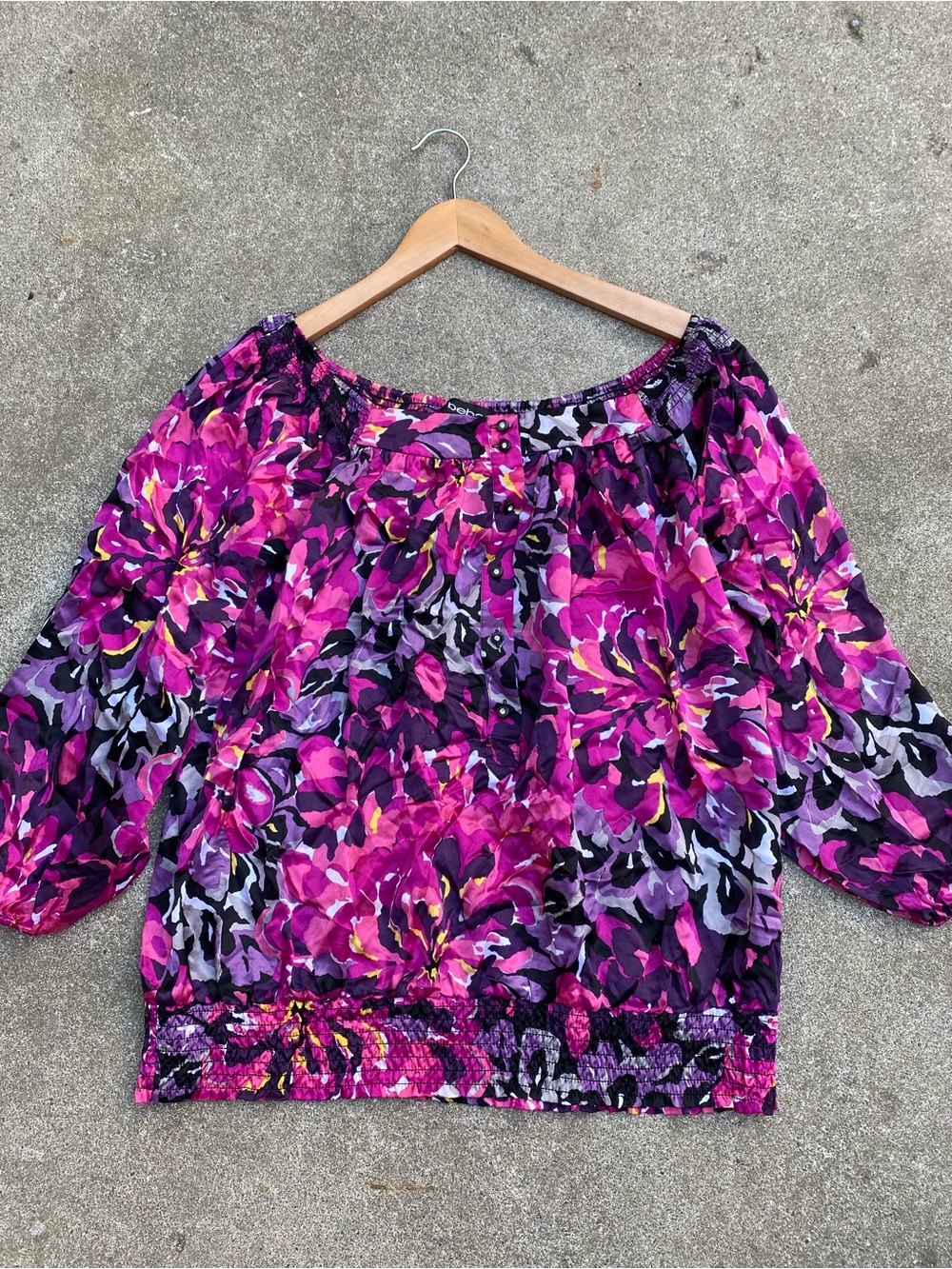BEBE Silk Floral Off-The-Shoulder Blouse Pink Purple Y2K Size XS